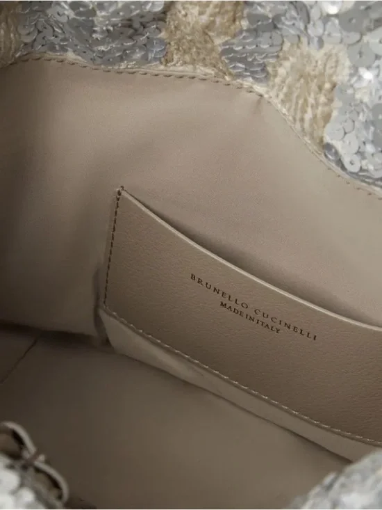 NWT Italy Brunello Cucinelli Sequined Embellished Silver Beige shoulder bag - Picture 4 of 12